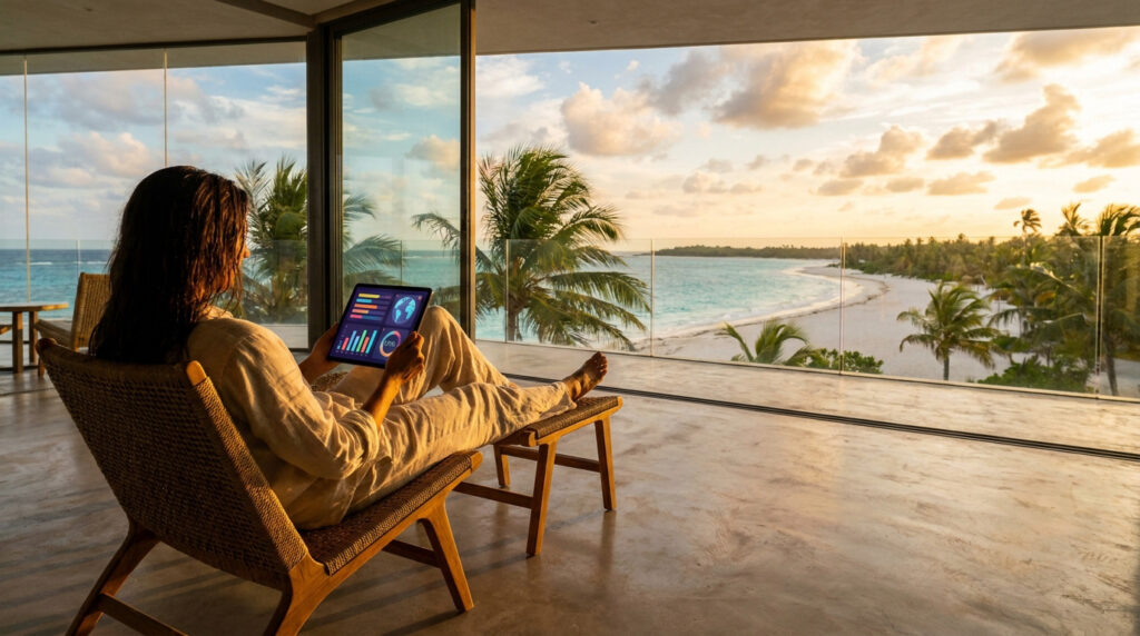 Personne dans un salon moderne, utilisant une tablette avec des graphiques face à une plage tropicale au coucher du soleil.