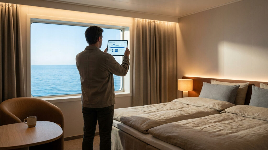 Homme en cabine de ferry moderne, regardant un plan de pont sur tablette, avec vue mer. Deux lits et fauteuil confortables.