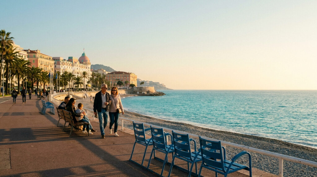 Scène de vie sur la Promenade des Anglais à Nice au coucher du soleil, avec la mer, des palmiers et des passants.