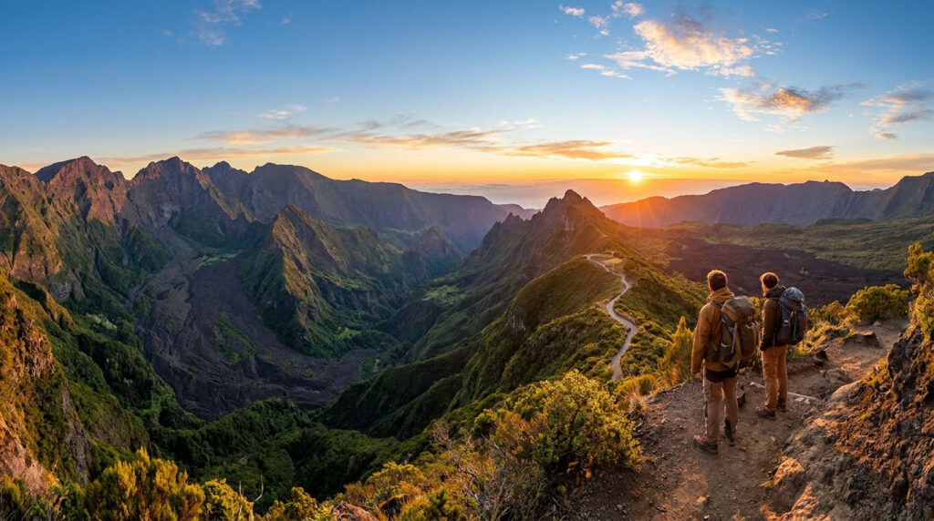 Deux randonneurs contemplent un vaste paysage montagneux verdoyant au coucher du soleil à La Réunion.