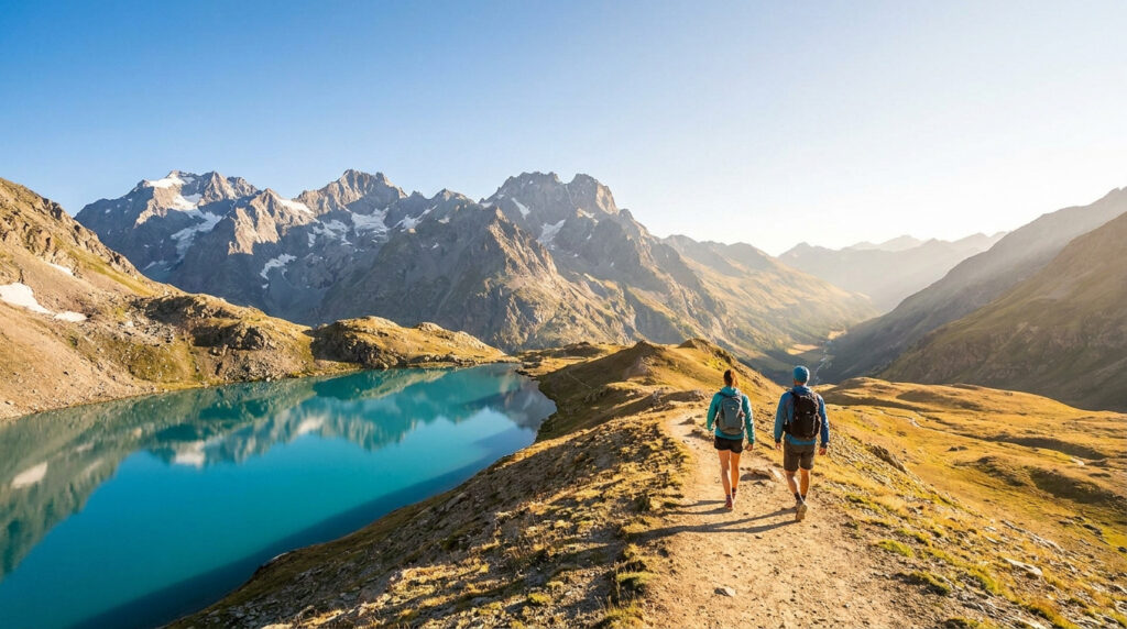 Deux randonneurs sur un sentier en montagne, longeant un lac alpin aux eaux turquoise sous des pics enneigés.