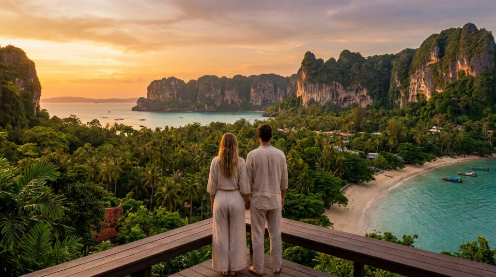 Couple sur une terrasse face à une crique tropicale avec falaises calcaires, palmiers et mer turquoise, au coucher du soleil.