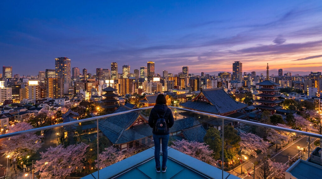 Vue de dos d'une personne contemplant Tokyo au crépuscule, mêlant gratte-ciel, temples anciens et cerisiers en fleurs depuis un toit-terrasse.
