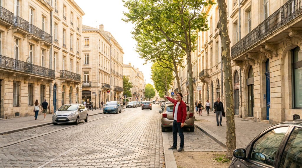Un homme souriant en veste rouge pointe vers une rue pavée bordée d'immeubles classiques et de voitures à Bordeaux.