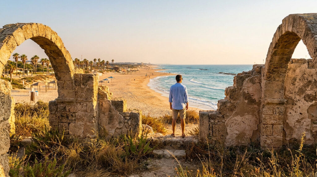 Homme contemplant la plage et la mer d'Ashkelon au travers d'anciennes arches en pierre, avec palmiers à l'arrière-plan.