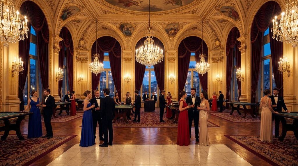 Des invités en tenue de soirée se mêlent dans un somptueux casino français orné de dorures, de fresques et de chandeliers.