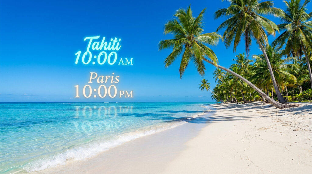 Plage tropicale avec sable blanc, mer turquoise, palmiers, affichant "Tahiti 10:00 AM" et "Paris 10:00 PM".
