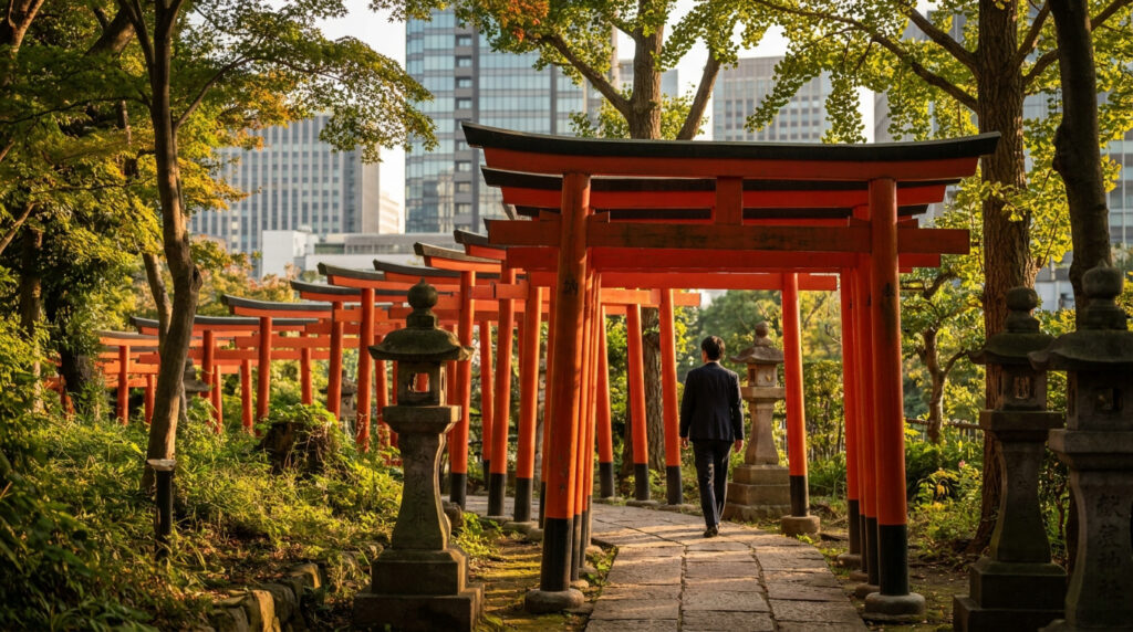 Allée de torii rouges au Japon, avec un homme marchant et des gratte-ciel en arrière-plan, symbolisant tradition et modernité.