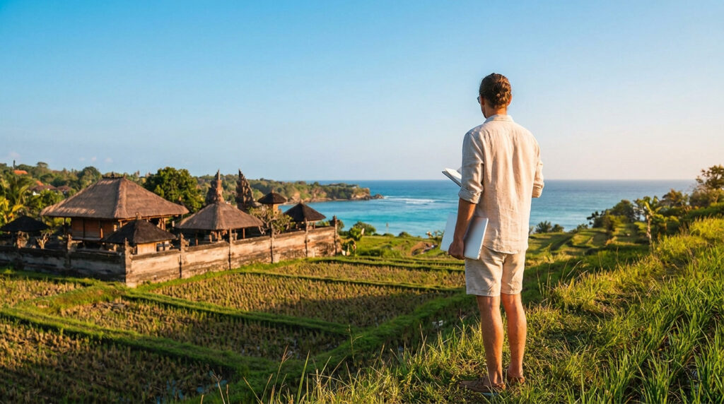 Un homme vu de dos tenant un ordinateur portable contemple des temples balinais, des rizières et l'océan à Bali.
