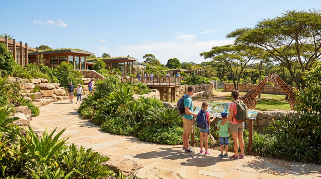 Une famille regarde une carte dans un zoo verdoyant avec des girafes, des bâtiments écologiques et des chemins pavés sous un ciel bleu.