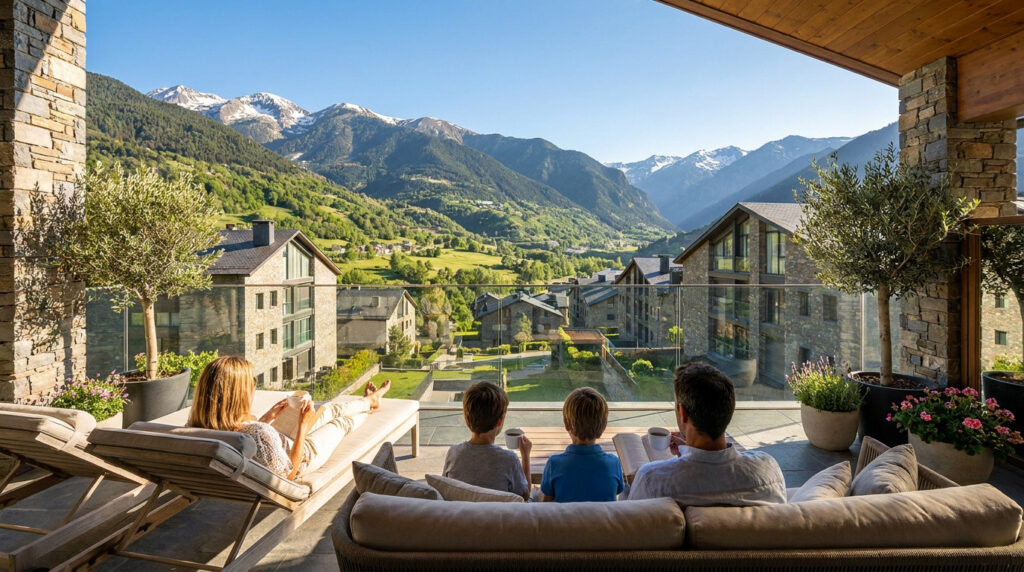 Une famille (homme, femme, deux enfants) sur une terrasse moderne, admirant une vallée verdoyante et des montagnes enneigées en Andorre.
