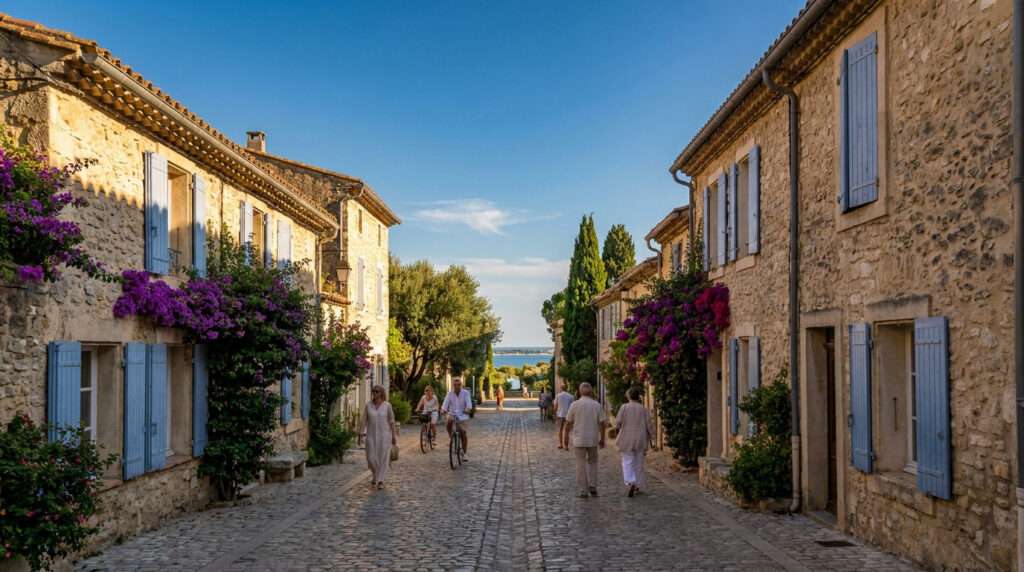 Rue pavée d'un village méditerranéen avec maisons en pierre, volets bleus, bougainvilliers, passants et mer au loin.