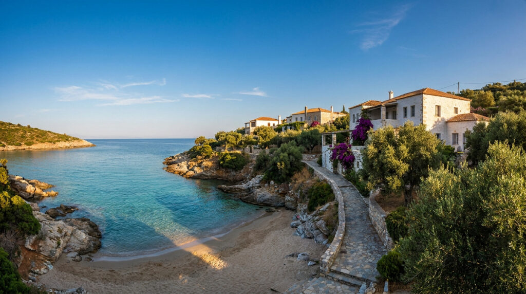 Vue panoramique d'une crique méditerranéenne : plage de sable, eaux turquoise et maisons blanches sur la colline verdoyante.