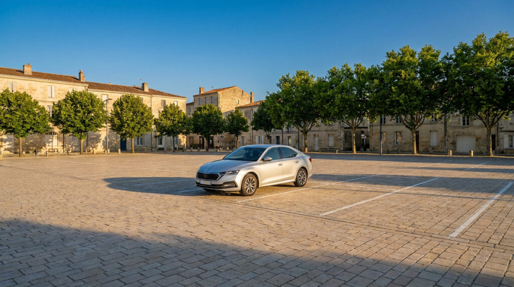 Voiture argentée garée seule sur une grande place pavée de La Rochelle, bordée de bâtiments historiques en pierre et d'arbres verts.
