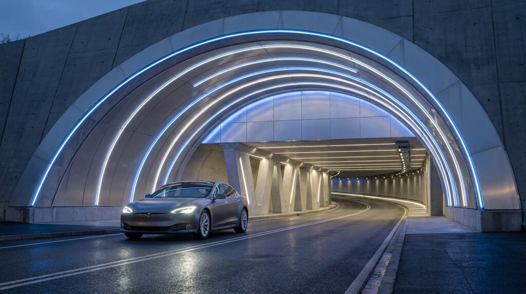 Voiture Tesla Model S grise entrant dans un tunnel moderne à l'éclairage architectural bleu et blanc, sur une route humide.