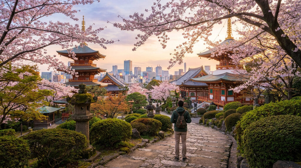 Un voyageur contemple des pagodes traditionnelles japonaises et un skyline moderne sous les cerisiers en fleurs.