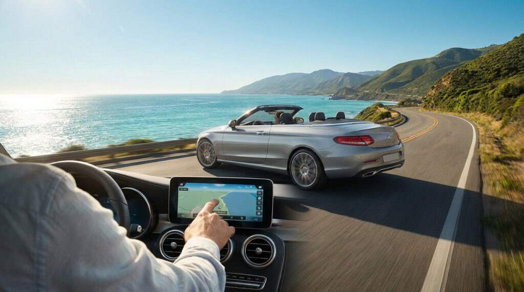 Vue depuis l'habitacle d'une voiture, une main utilise le GPS. Un cabriolet argenté roule sur une route sinueuse le long de l'océan.