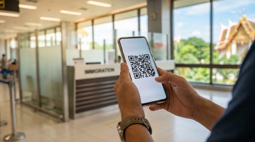 Une personne tient un smartphone affichant un QR code devant un comptoir d'immigration thaïlandais. Un temple est visible à l'extérieur.