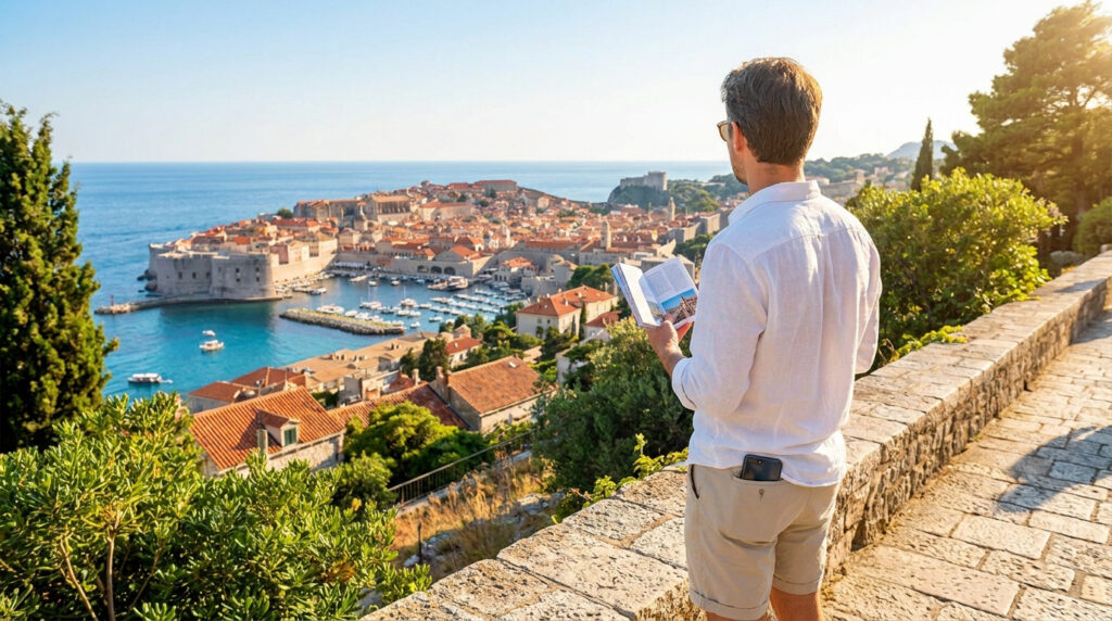Homme avec guide de voyage admirant la vieille ville de Dubrovnik, son port et la mer Adriatique sous un ciel clair.