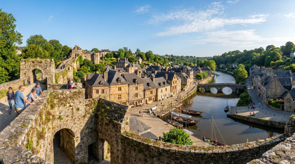 Vue panoramique de Dinan depuis les remparts, montrant la Rance, les maisons à colombages et le pont médiéval.
