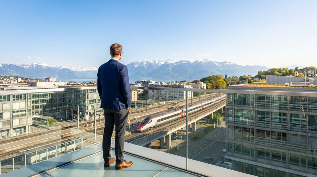 Homme en costume sur un balcon moderne dominant une ville, un train, un lac et des montagnes enneigées sous un ciel bleu.